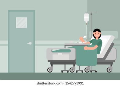 Woman patient resting in hospital bed. Lady lying in a hospital bed eating a meal. Isolated vector illustration.