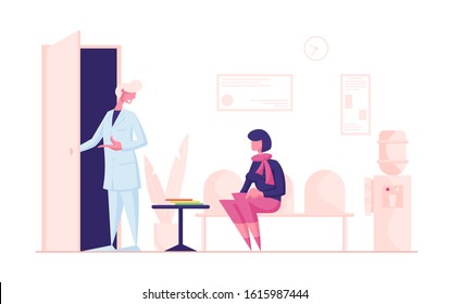 Woman Patient Sitting in Clinic Lobby on Couch, Hall Interior Waiting Doctor Appointment. Practitioner Inviting Patient for Medical Check Up and Treatment, Health Care. Cartoon Vector Illustration