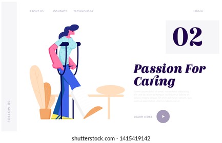 Woman Patient Standing on Crutches with Bandage on Broken Leg, Limb Fracture. Healthcare, Hospital, Doctor Medical Appointment Website Landing Page, Web Page. Cartoon Flat Vector Illustration, Banner