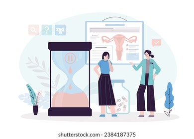 Woman patient talking with doctor gynecologist about menopause. Biological clocks, limited fertility. Medical concept, feminine age. Climacteric. Menstrual periods. Aging process. vector illustration