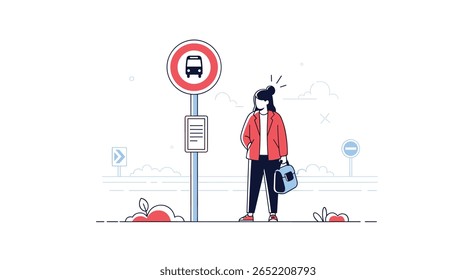 Mulher espera pacientemente num ponto de ônibus pelo transporte público em dia nublado com nuvens ao fundo