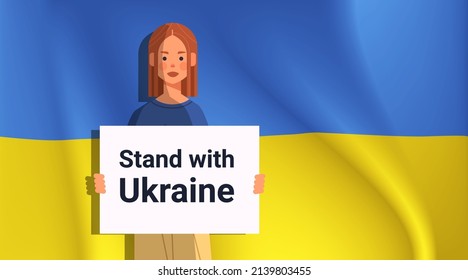 woman patriot holding protest banner pray for Ukraine peace save Ukraine from russia stop war concept