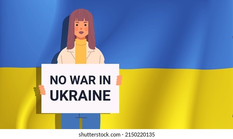 woman patriot holding protest banner pray for Ukraine peace save Ukraine from russia stop war concept