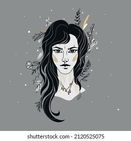 Woman with a pattern on her face, a forest nymph, a magical forest, vector illustration