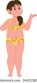 A woman in patterned swimwear gestures with a puzzled expression in a flat style. The female character appears uncertain, wearing a two-piece suit and holding one hand up. Cartoon vector illustration.