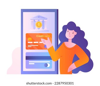 Woman pay with smartphone. Young girl with credit card and banking application. Electronic wallet, cashless transfer and transaction. Online payment. Cartoon flat vector illustration