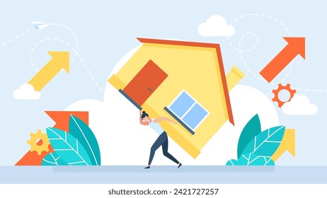 Woman paying bills monthly house expense. Woman with payment schedule pay money for interest rate, fees, principal and financial bills by month period. Debt, loan, house rent. Vector illustration