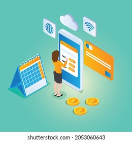 Woman paying bills and tax using mobile phone 3d isometric vector illustration concept for banner, website, landing page template, ads and flyer