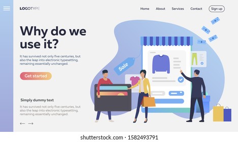 Woman paying by credit card for online purchase. Payment, internet store, customer. Commerce concept. Vector illustration for advertising, layout, landing page template