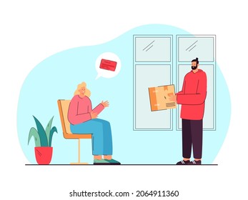Woman paying by credit card for delivery of purchases. Courier delivering order box to customers home flat vector illustration. Online payment concept for banner, website design or landing web page