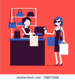 Woman paying with cash at handbags department. Young happy lady with bags near cashbox, customer shopping in mall and cashier at register. Vector illustration with faceless characters