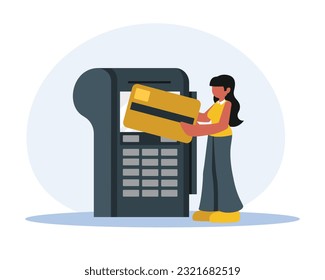 Woman paying for different services cashless by credit card. Making payments for online shopping. Secure mobile banking. Wireless money transfer. Digital marketing environment. Vector