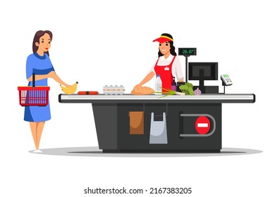 Woman paying for food at supermarket checkout vector illustration. Cartoon female buyer holding basket, smiling cashier in red apron and hat waiting for payment from customer isolated on white