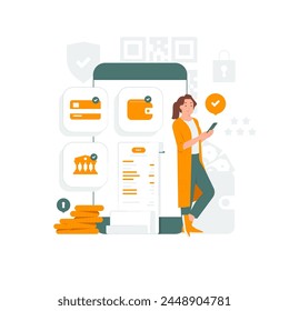 Woman paying money online transfer, digital payment, e wallet, mobile transaction concept illustration