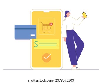 Mujer pagando en línea por sus productos usando una tarjeta de crédito, tecnología de compras digital usando un smartphone móvil. Diseño de caracteres. Ilustración plana del vector