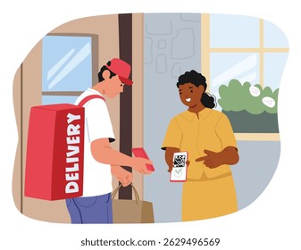 Mujer que paga con el escáner del código del qr por el smartphone para la escena de dibujos animados del servicio de entrega. Mensajero y Cliente utilizando la aplicación móvil electrónica para la Ilustración vectorial de intercambio de Información de pago