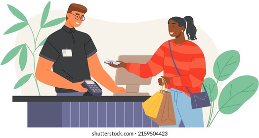 Woman paying with smartphone and male cashier holding wireless payment terminal at shop checkout counter. Buyer making mobile phone contactless payment. NFC technology to pay without cash in store