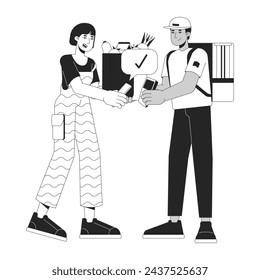 Woman paying through NFC for courier groceries black and white 2D line cartoon characters. Diverse adults isolated vector outline people. Contactless payment monochromatic flat spot illustration