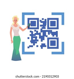 Woman paying via smartphone using QR code tag flat vector illustration isolated on white background. Online payments via QR code digital technology concept.