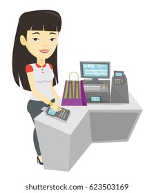 Woman paying wireless with smart watch at checkout counter. Customer making payment for purchase with smart watch. Woman doing shopping. Vector flat design illustration isolated on white background.