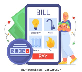 Woman with payment of utilities concept. Young guy near smartphone with banknotes. Electronic money transfers and transaction in mobile bank application. Cartoon flat vector illustration