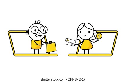 Woman pays for her purchase with a credit card holding it out to the seller through the laptop screen. Digital marketing, online buying and payment concept. Vector stock illustration.