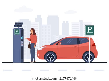 Woman pays for parking at parking machine. Vector illustration.