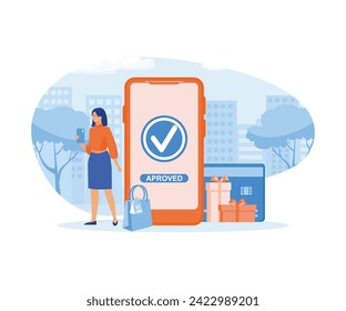 Woman pays successfully and safely. Online mobile payment and banking service.  flat vector modern illustration 