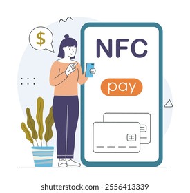 Woman pays via NFC. Wireless payment on internet. Cashless transfers and transactions. Electronic commerce and marketing. Linear vector illustration isolated on white background