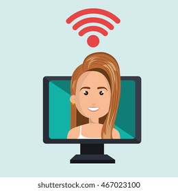 woman pc wifi web vector illustration graphic