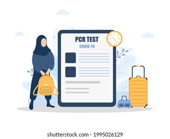Woman with PCR test. New normal for travel. Healthy muslim girl with bagpack ready to fly. Covid-19 test negative result certificate. Vector illustration in flat cartoon style.