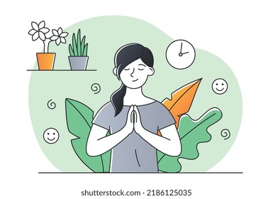 Mujer en paz. Concentración y meditación, comodidad y libertad. Muchacha consciente en el apartamento. Psicología positiva, optimismo y amor propio, equilibrio interior. Dibujo vectorial plano de dibujos animados