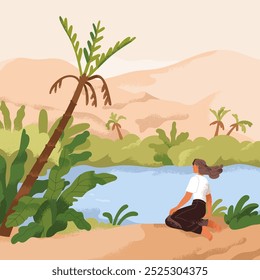 Mulher no oásis tranquilo e tranquilo do deserto, paisagem calma da natureza. Personagem feminina relaxando na solidão, serenidade na costa de água entre palmeiras tropicais, areia. Conceito de psicologia. Ilustração de vetor plano