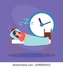 Woman peacefully sleeping in bed while wall clock indicating time. Sleep is crucial for maintaining health, reducing stress, and enhancing daily performance