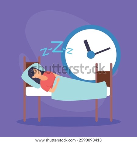 Woman peacefully sleeping in bed while wall clock indicating time. Sleep is crucial for maintaining health, reducing stress, and enhancing daily performance
