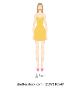 Woman Pear Body Shape Character In Dress. Female Vector Illustration Silhouette 9 Nine Head Size Lady Figure Front View. Vector Isolated Outline Sketch Girl For Fashion Sketching And Illustration.