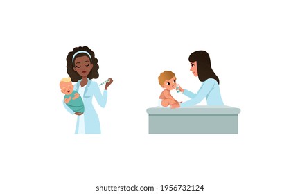 Woman Pediatrician or Medical Doctor Performing Baby Checkup and Examination Vector Set