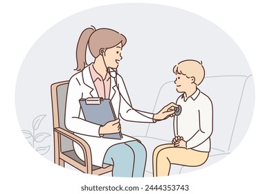 Woman pediatrician uses stethoscope listening to heartbeat of child during routine pre-school checkup. Girl doctor or gp in private hospital examines boy with symptoms of infectious flu
