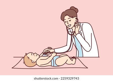 Woman pediatrician using stethoscope to listen to heartbeat of nursing baby at routine medical checkup. Kid lies near girl in white coat who takes care of health of small patient