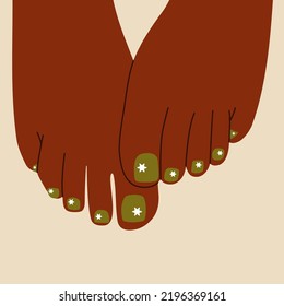 Woman pedicure design. Cartoon female feet fingers colorful polished nails, leg treatment concept. Vector illustration