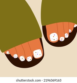 Woman pedicure design. Female cartoon feet fingers colorful polished nails, leg treatment concept. Vector illustration