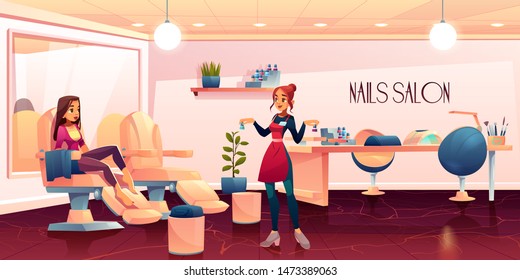 Mujer en salón de pedicura para tratamientos de belleza de las uñas, amo que presenta nailpolish a la chica cliente sentada descalzo en el salón de belleza del spa. Ilustración vectorial de dibujos animados