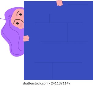 Woman peeking behind blue wall, curious female with purple hair looking at something. Playful character hiding, peekaboo moment vector illustration.