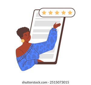 Woman peeking and greeting out of smartphone screen with five star rating feedback. Cartoon vector customer review with five golden stars in speech bubble. Service satisfaction, best quality, top rate