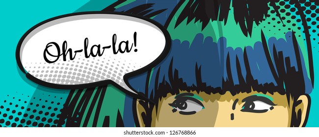  woman peeking out, cartoon comics speech bubble, vector drawing