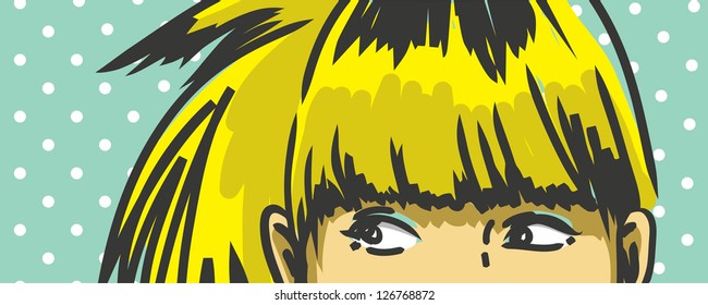  woman peeking out vector drawing, retro polka dots background