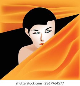 A woman peeks through a gap between silky fabric sheets.
