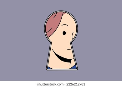 Woman peep in keyhole looking for secret or hidden information. Curious suspicious female interested in secrecy or gossips. Vector illustration. 