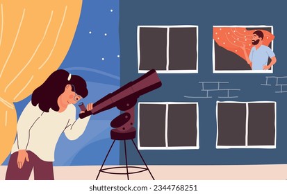 Woman peeping at neighbour in telescope flat vector illustration