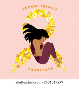 woman with pelvic pain over a yellow endometriosis ribbon made of flowers